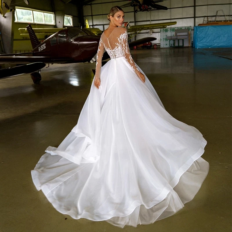 LORIE A-Line Bohemian Wedding Dress Charming Lace Applique Beads O-neck Organzeda Tulle Long Sleeve Beach Bridal Gown Custimz