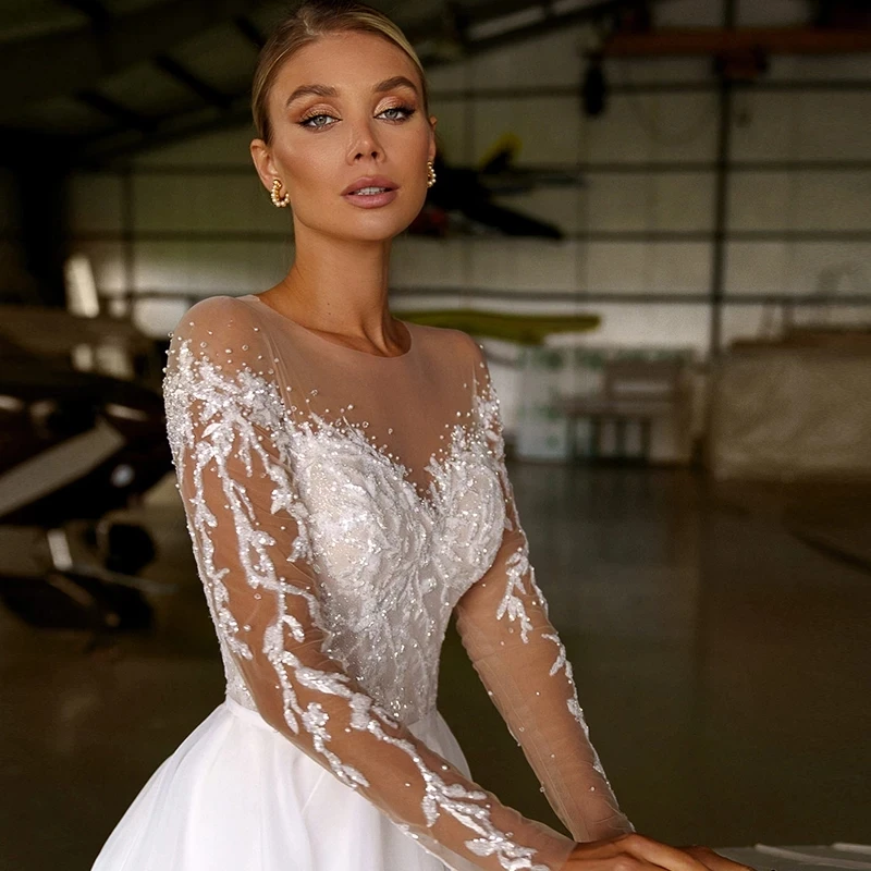 LORIE A-Line Bohemian Wedding Dress Charming Lace Applique Beads O-neck Organzeda Tulle Long Sleeve Beach Bridal Gown Custimz