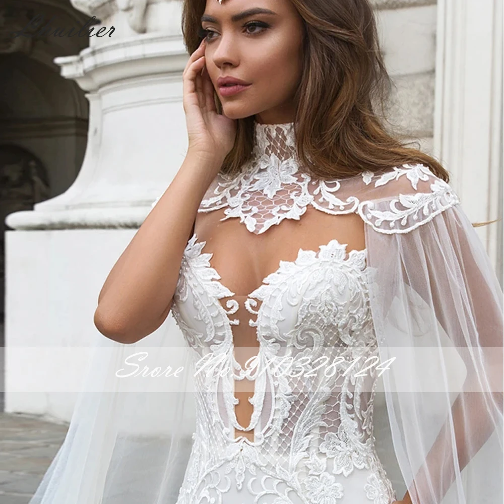 Lhuilier Customized Mermaid Lace Wedding Dresses Illusion Scoop Neck Lace Appliques Chapel Train Bridal Gown with Cape