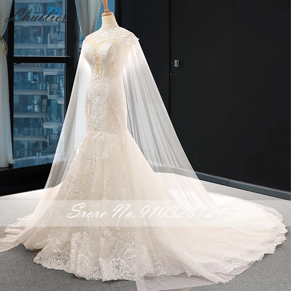 Lhuilier Customized Mermaid Lace Wedding Dresses Illusion Scoop Neck Lace Appliques Chapel Train Bridal Gown with Cape