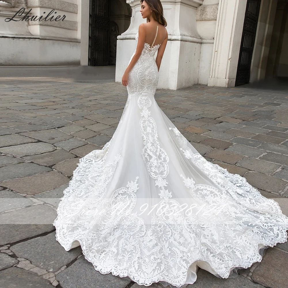 Lhuilier Customized Mermaid Lace Wedding Dresses Illusion Scoop Neck Lace Appliques Chapel Train Bridal Gown with Cape