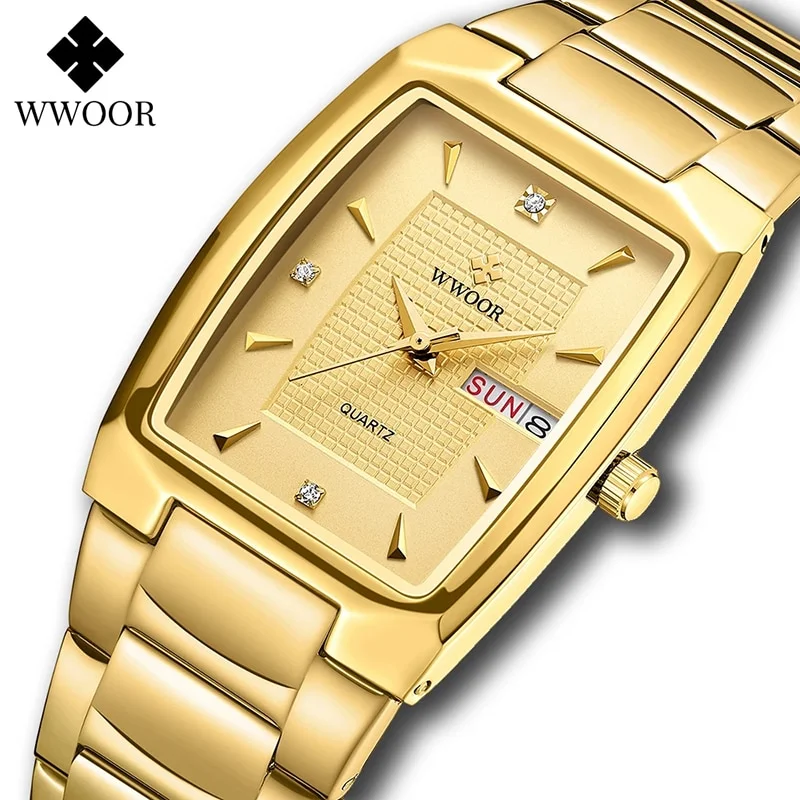 WWOOR 2026 New Square Watch Men with Automatic Week Date Luxury Stainless Steel Gold Mens Quartz Wrist Watches Relogio Masculino