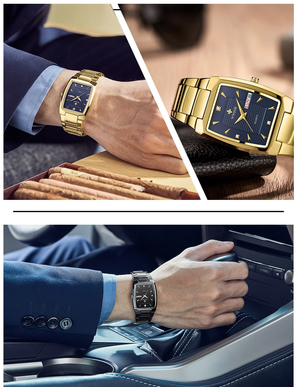 WWOOR 2026 New Square Watch Men with Automatic Week Date Luxury Stainless Steel Gold Mens Quartz Wrist Watches Relogio Masculino