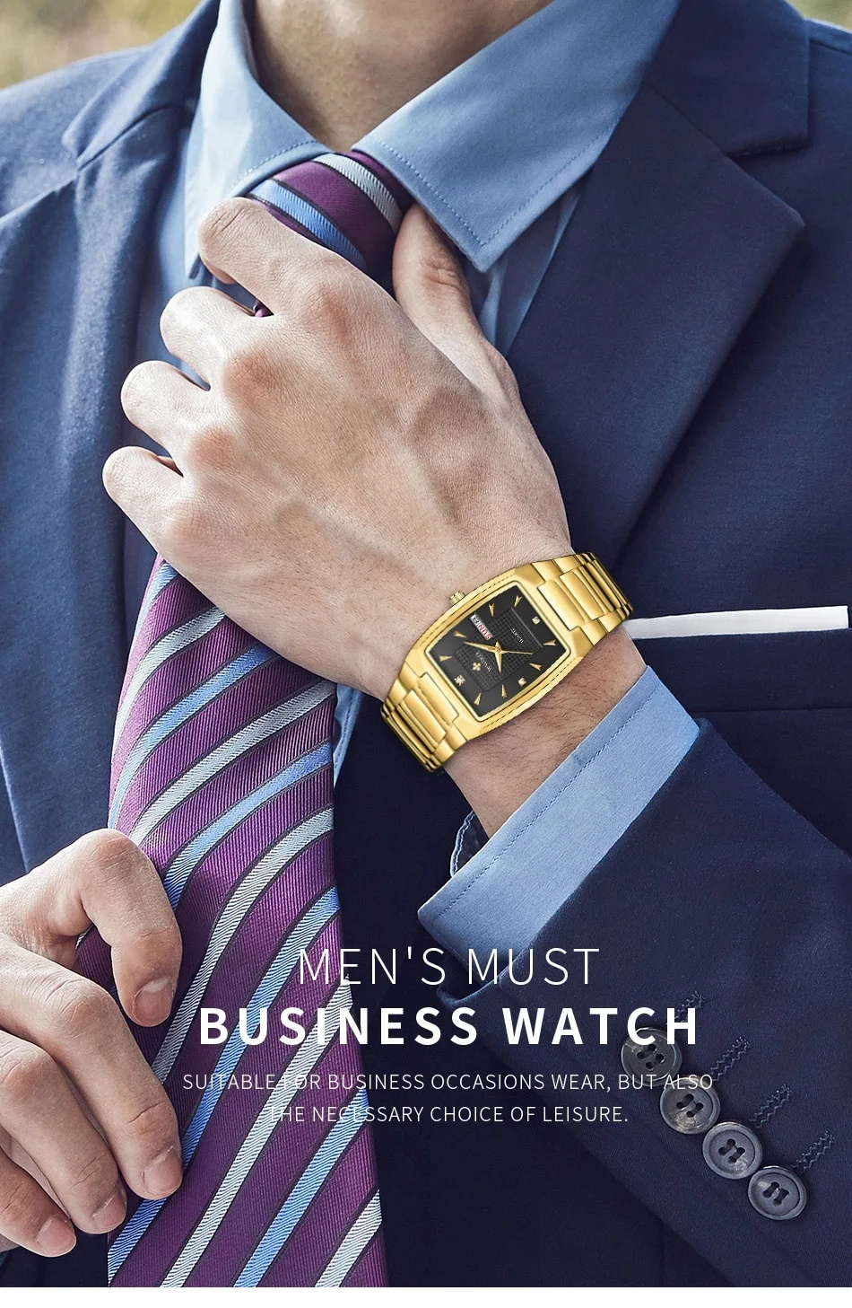 WWOOR 2026 New Square Watch Men with Automatic Week Date Luxury Stainless Steel Gold Mens Quartz Wrist Watches Relogio Masculino