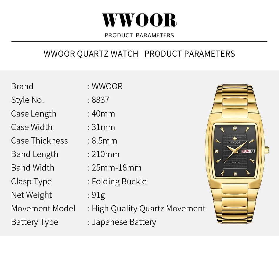 WWOOR 2026 New Square Watch Men with Automatic Week Date Luxury Stainless Steel Gold Mens Quartz Wrist Watches Relogio Masculino