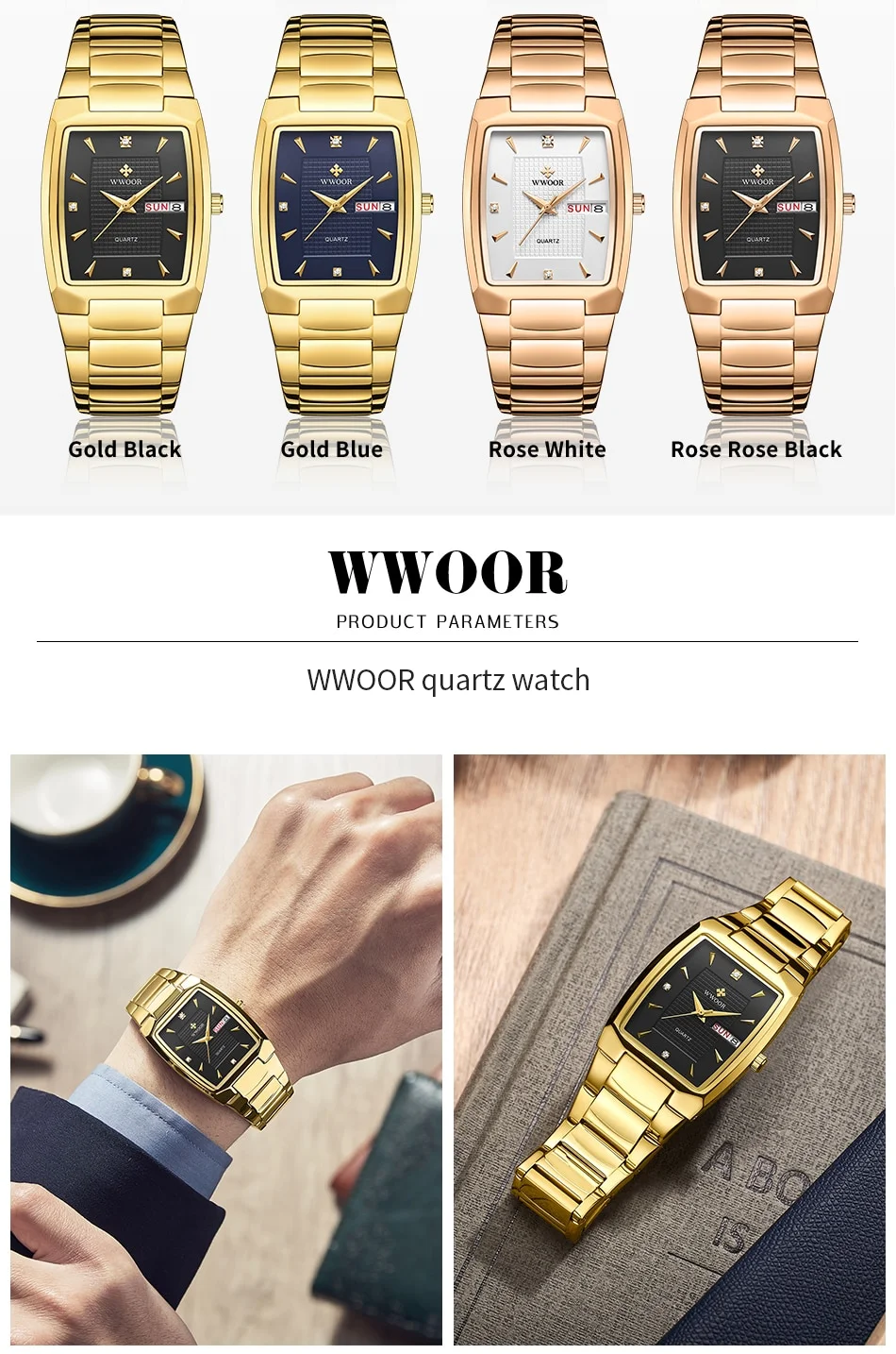 WWOOR 2026 New Square Watch Men with Automatic Week Date Luxury Stainless Steel Gold Mens Quartz Wrist Watches Relogio Masculino