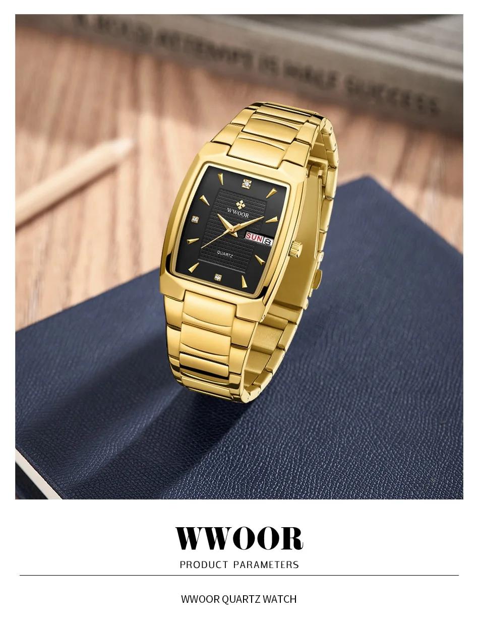 WWOOR 2026 New Square Watch Men with Automatic Week Date Luxury Stainless Steel Gold Mens Quartz Wrist Watches Relogio Masculino