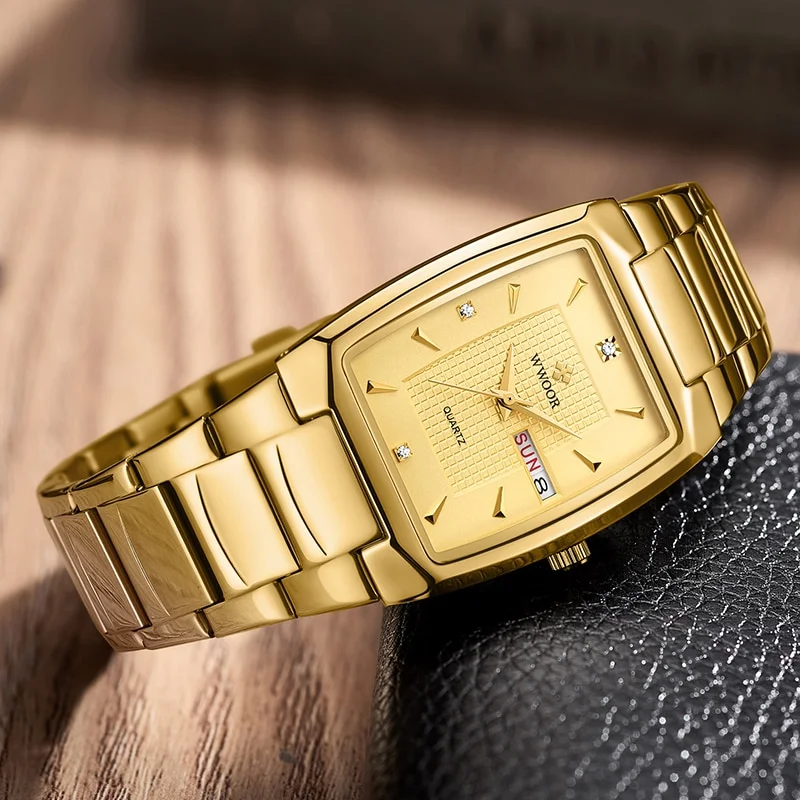 WWOOR 2026 New Square Watch Men with Automatic Week Date Luxury Stainless Steel Gold Mens Quartz Wrist Watches Relogio Masculino