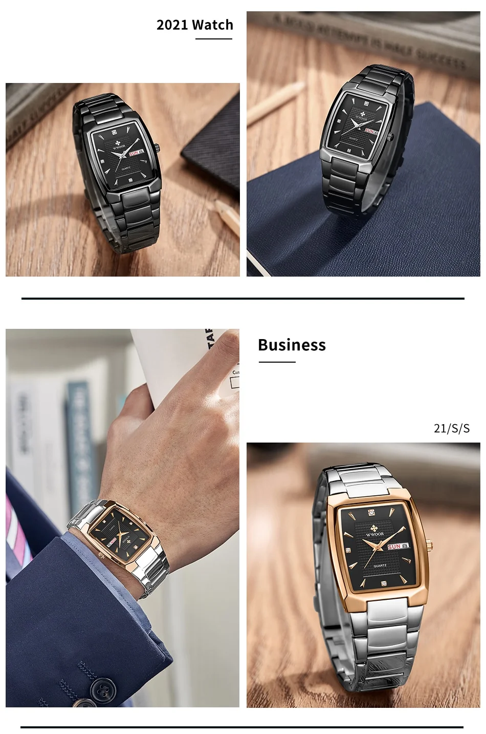 WWOOR 2026 New Square Watch Men with Automatic Week Date Luxury Stainless Steel Gold Mens Quartz Wrist Watches Relogio Masculino