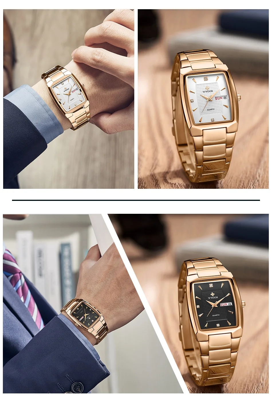 WWOOR 2026 New Square Watch Men with Automatic Week Date Luxury Stainless Steel Gold Mens Quartz Wrist Watches Relogio Masculino