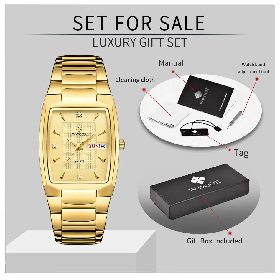 WWOOR 2026 New Square Watch Men with Automatic Week Date Luxury Stainless Steel Gold Mens Quartz Wrist Watches Relogio Masculino