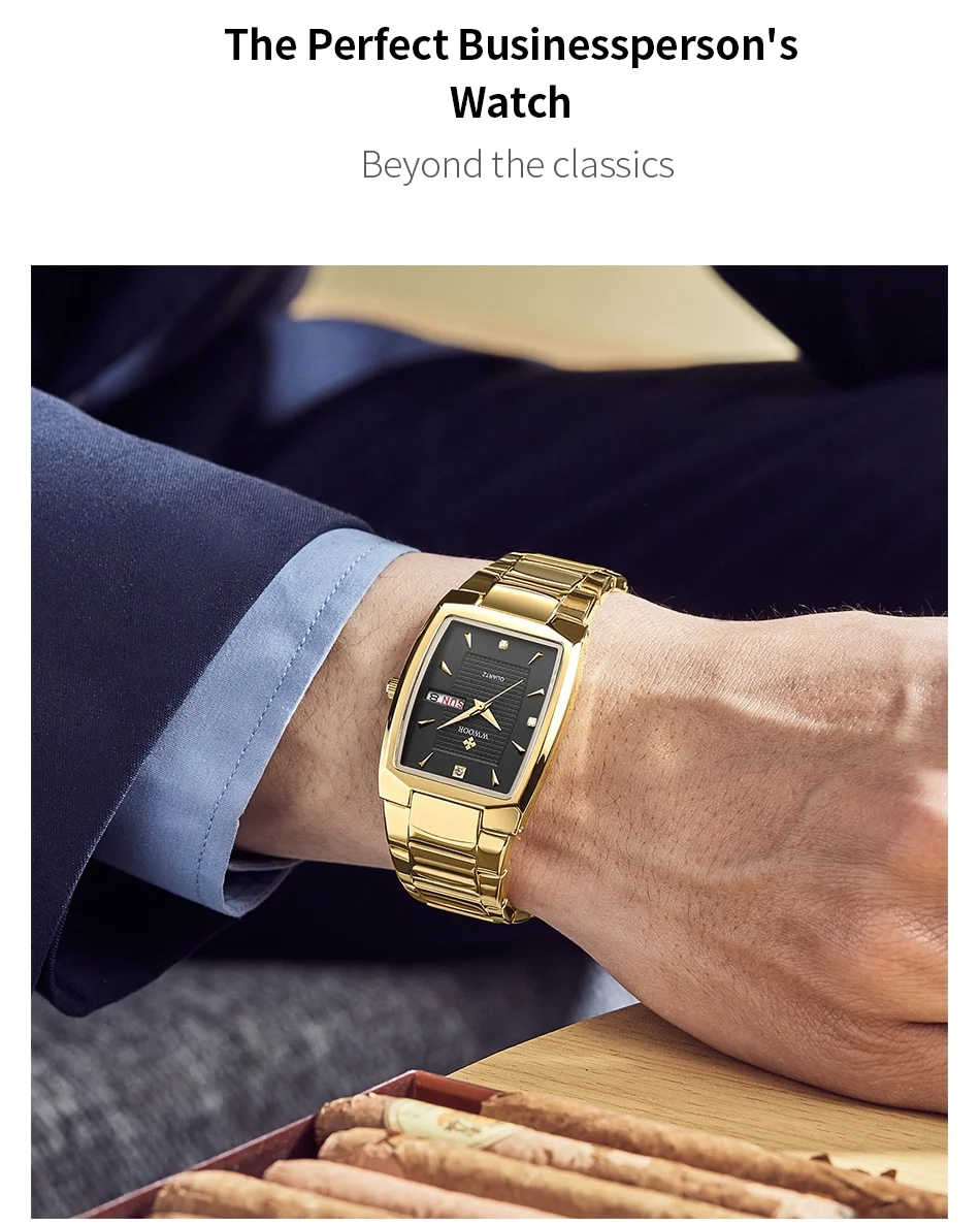 WWOOR 2026 New Square Watch Men with Automatic Week Date Luxury Stainless Steel Gold Mens Quartz Wrist Watches Relogio Masculino