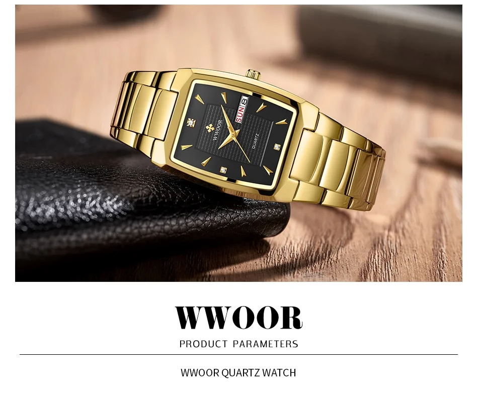WWOOR 2026 New Square Watch Men with Automatic Week Date Luxury Stainless Steel Gold Mens Quartz Wrist Watches Relogio Masculino