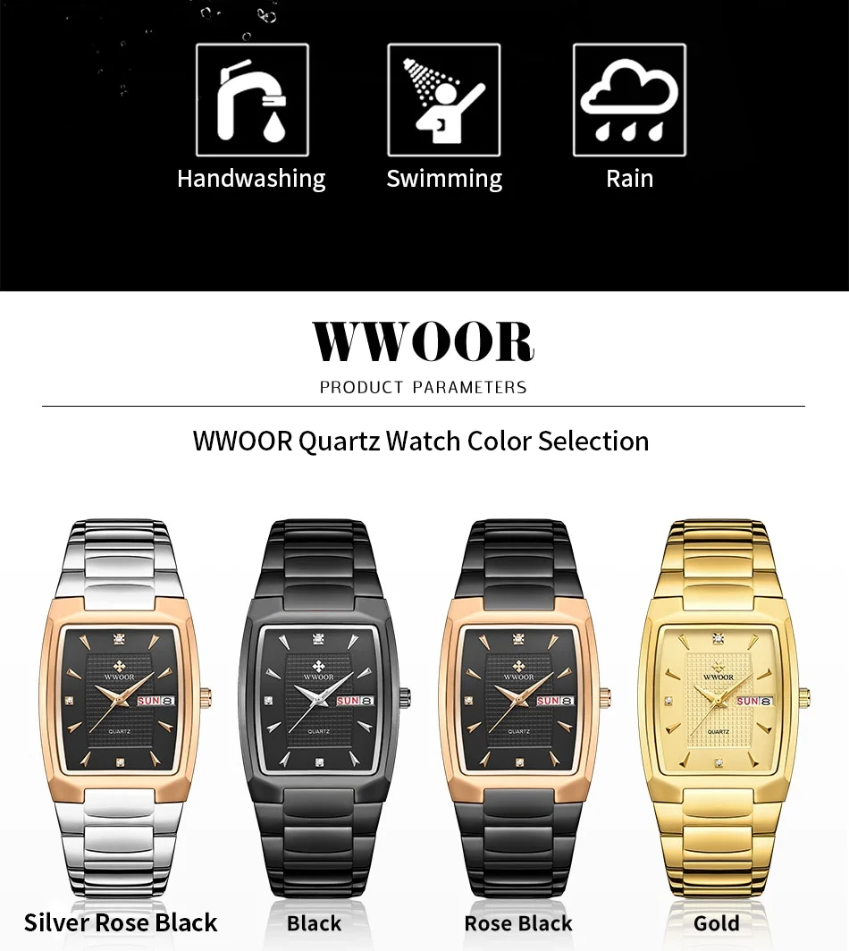 WWOOR 2026 New Square Watch Men with Automatic Week Date Luxury Stainless Steel Gold Mens Quartz Wrist Watches Relogio Masculino