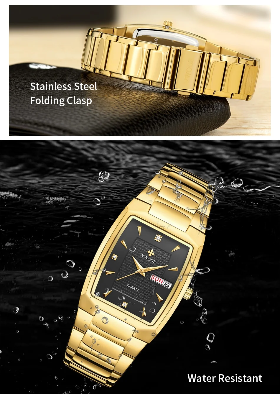 WWOOR 2026 New Square Watch Men with Automatic Week Date Luxury Stainless Steel Gold Mens Quartz Wrist Watches Relogio Masculino