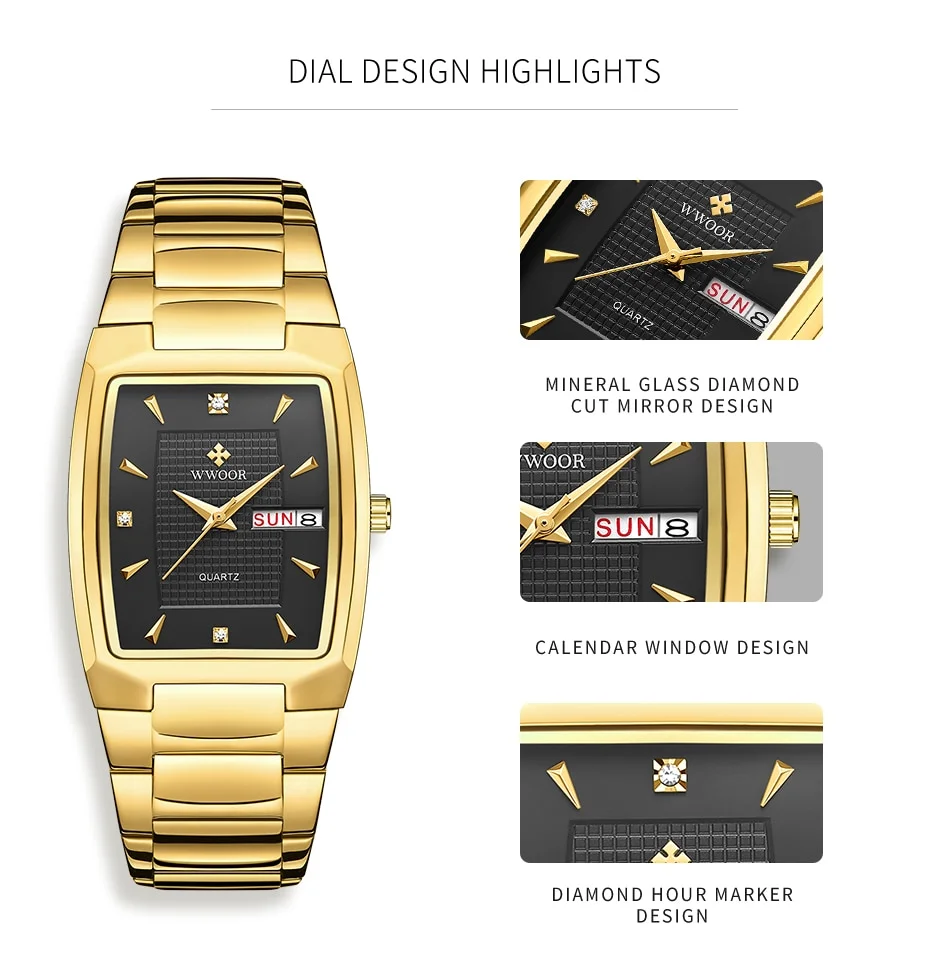 WWOOR 2026 New Square Watch Men with Automatic Week Date Luxury Stainless Steel Gold Mens Quartz Wrist Watches Relogio Masculino