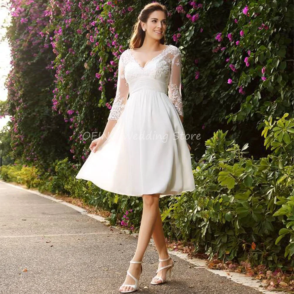 Short Wedding Dress A Line V Neck 3/4 Sleeves Illusion Applique Wedding Gowns Pleat Chiffon Princess Knee Length Bridal Dresses