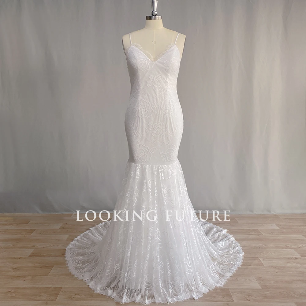 Customized Boho Mermaid Wedding Dresses Spaghetti Straps Lace Backless Beach Sexy V-Neck Bohemian Bridal Gowns Vestidos De Noiva