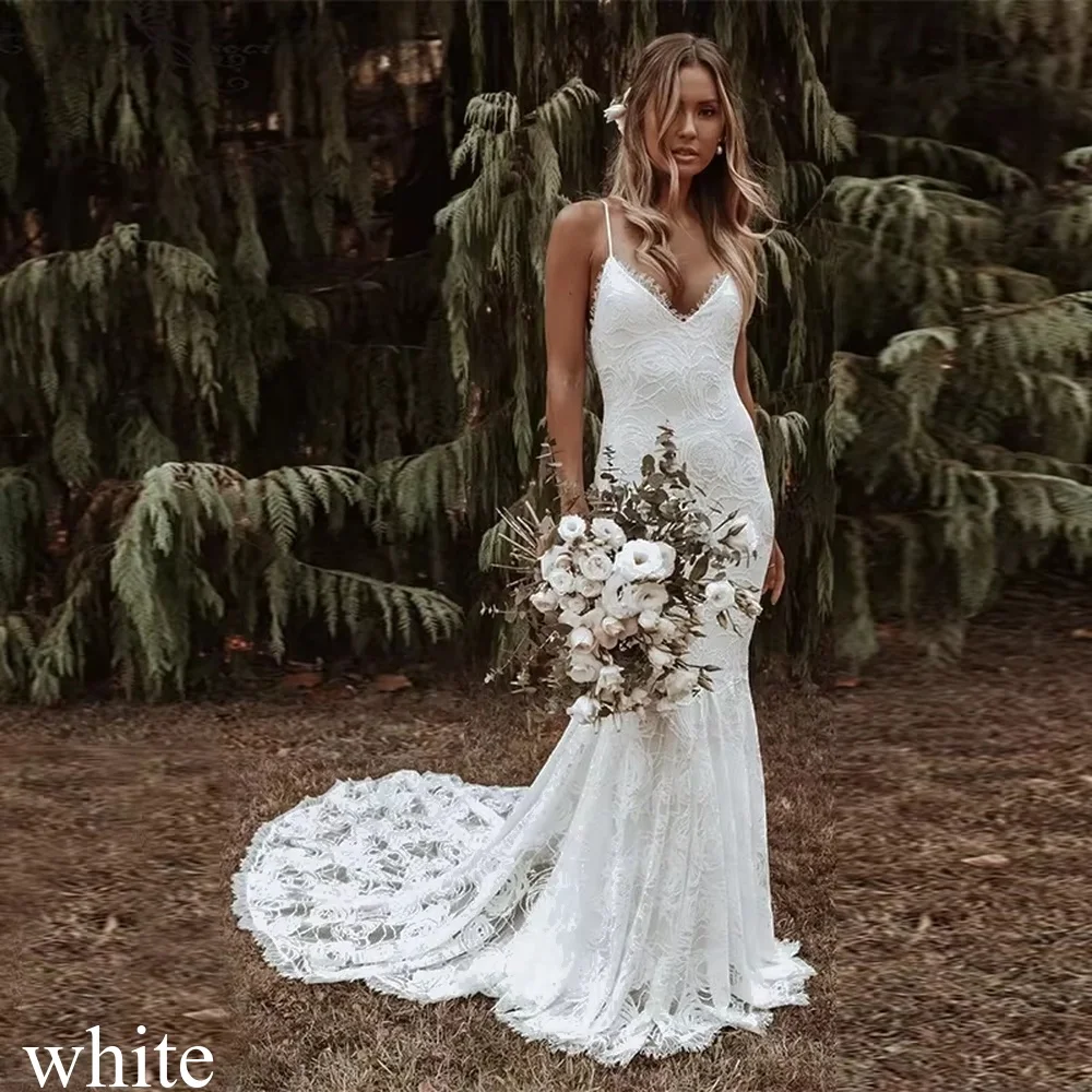 Customized Boho Mermaid Wedding Dresses Spaghetti Straps Lace Backless Beach Sexy V-Neck Bohemian Bridal Gowns Vestidos De Noiva