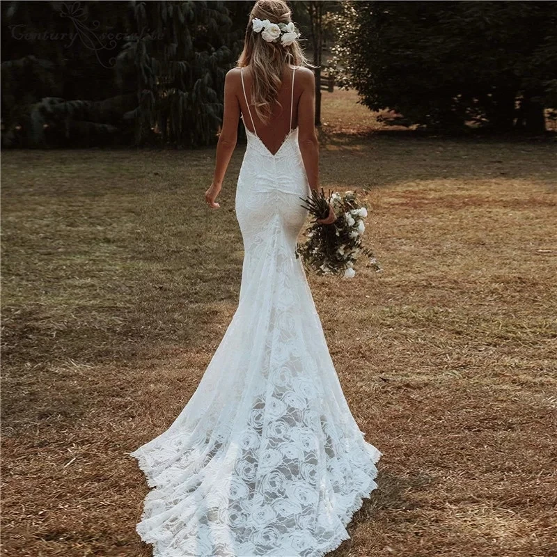 Customized Boho Mermaid Wedding Dresses Spaghetti Straps Lace Backless Beach Sexy V-Neck Bohemian Bridal Gowns Vestidos De Noiva