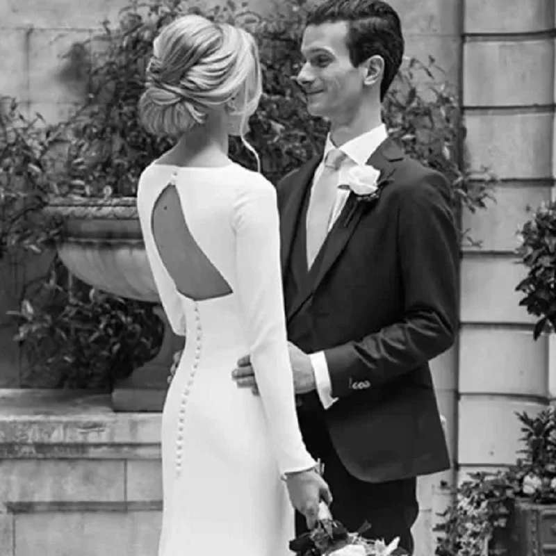 DREAM Customized Crepe Simple Sheath Wedding Dresses 2025 Long Sleeve Elegant Bridal Dress Open Back Bride Floor Length Gown
