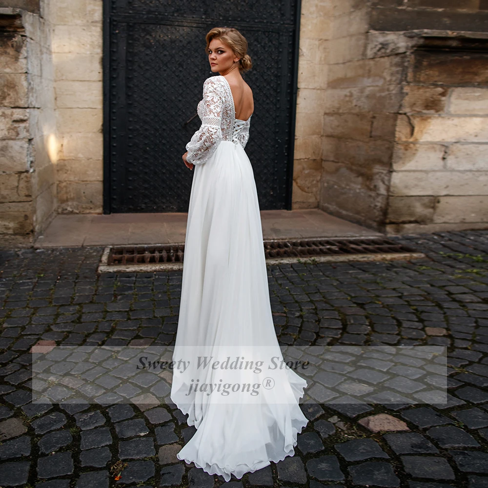 Bohemian Wedding Dress for Bride Customized Elegant Long Sleeves Lace See through V Neck A Line Sweep Train Bridal Gowns