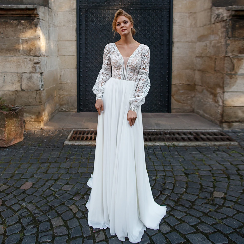 Bohemian Wedding Dress for Bride Customized Elegant Long Sleeves Lace See through V Neck A Line Sweep Train Bridal Gowns