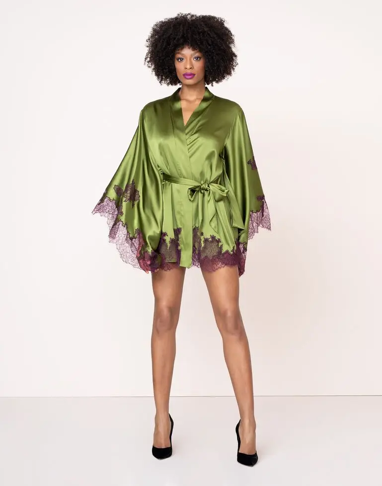 Short Green Women Night Robe Two-piece Lace Applique Lingerie Custom Made Bridal Sleepgowns Cheap Sleepwear Party Pajama