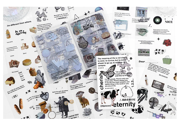 Yoofun 30pcs/pack Multi-style Decorative Stickers Rainbow White and Black Geo Sticker Pack for Scrapbooking Journals Collage DIY