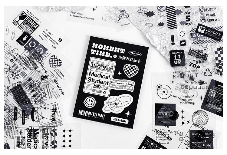Yoofun 30pcs/pack Multi-style Decorative Stickers Rainbow White and Black Geo Sticker Pack for Scrapbooking Journals Collage DIY
