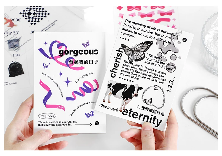Yoofun 30pcs/pack Multi-style Decorative Stickers Rainbow White and Black Geo Sticker Pack for Scrapbooking Journals Collage DIY