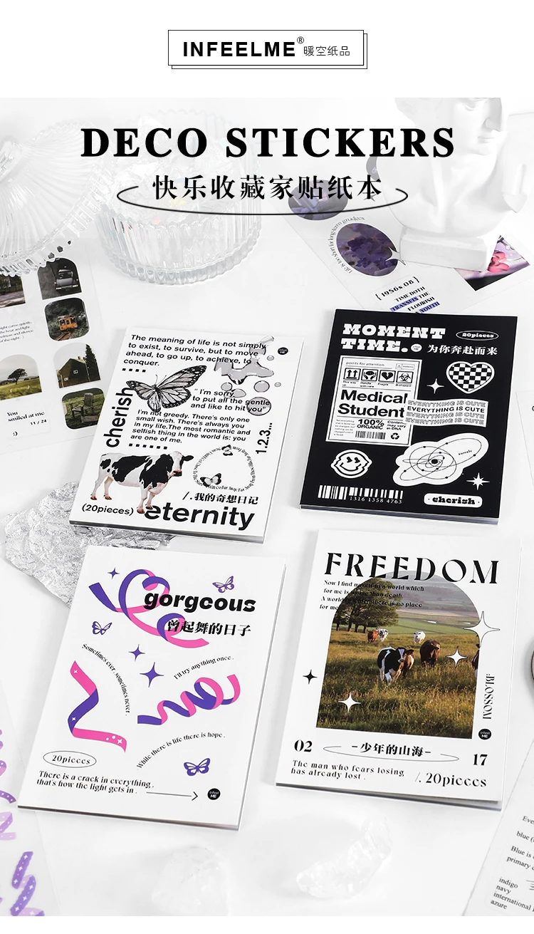 Yoofun 30pcs/pack Multi-style Decorative Stickers Rainbow White and Black Geo Sticker Pack for Scrapbooking Journals Collage DIY