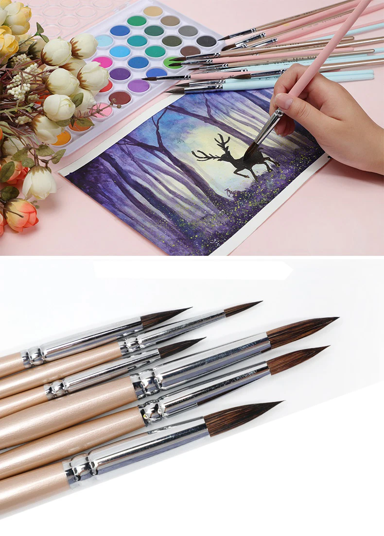 Watercolor brush black marten animal hair 6 pcs round pointed watercolor painting brush set adult beginner student hand-painted