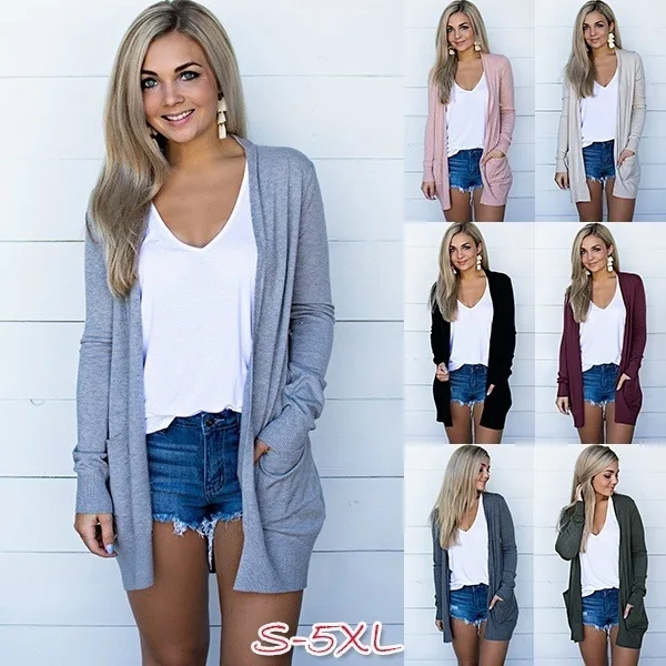 New Women Fashion Solid Long Sleeve Solid Casual Autumn Winter Medium Long Pocket Cardigan S-5Xl Multicolor Large