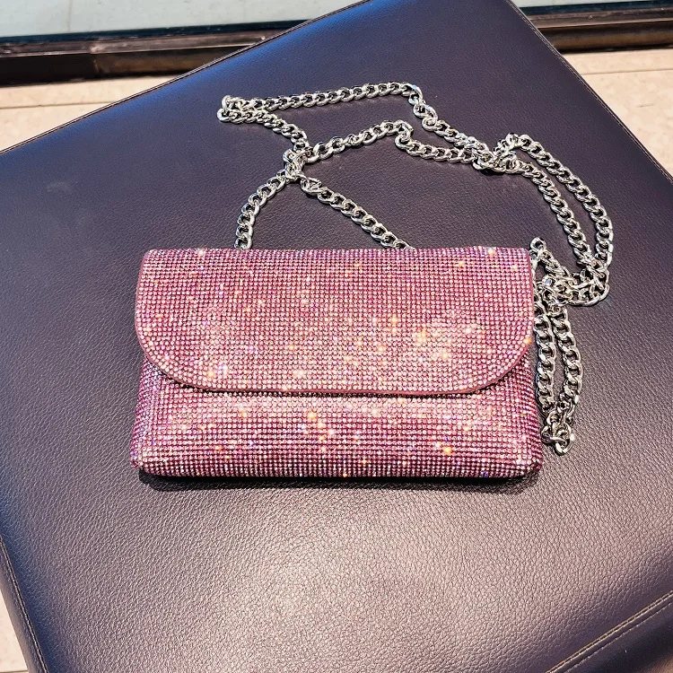 Women's Clutch Bag with Rhinestones Silver Purse on Chain PU Leather Evening Bag Ladies Fashion Party Evening Shoulder Bag