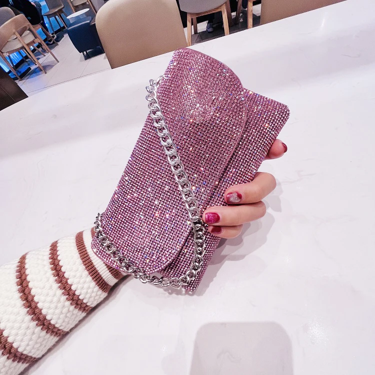 Women's Clutch Bag with Rhinestones Silver Purse on Chain PU Leather Evening Bag Ladies Fashion Party Evening Shoulder Bag