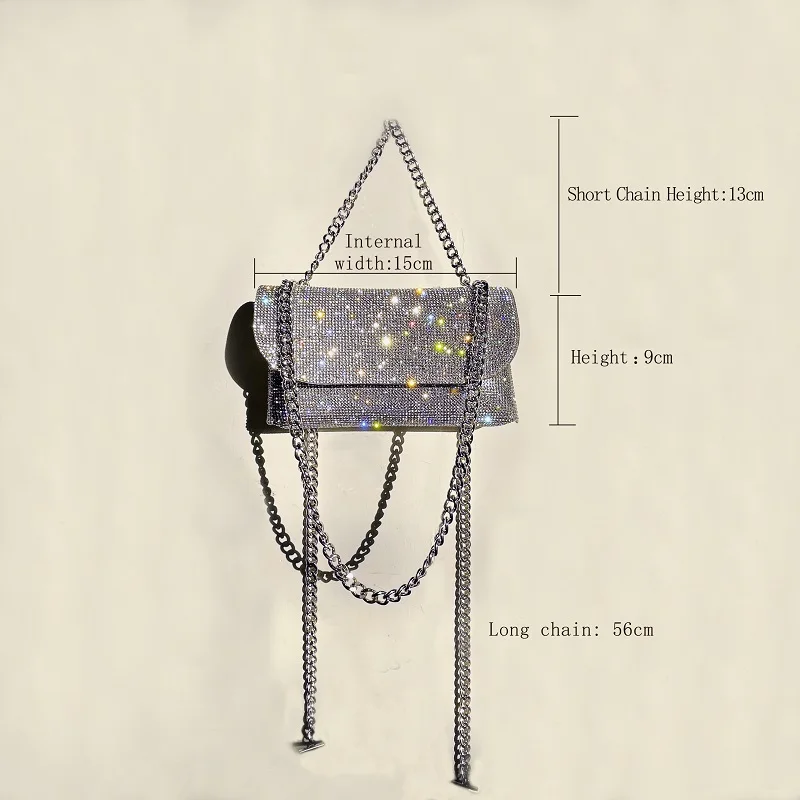 Women's Clutch Bag with Rhinestones Silver Purse on Chain PU Leather Evening Bag Ladies Fashion Party Evening Shoulder Bag