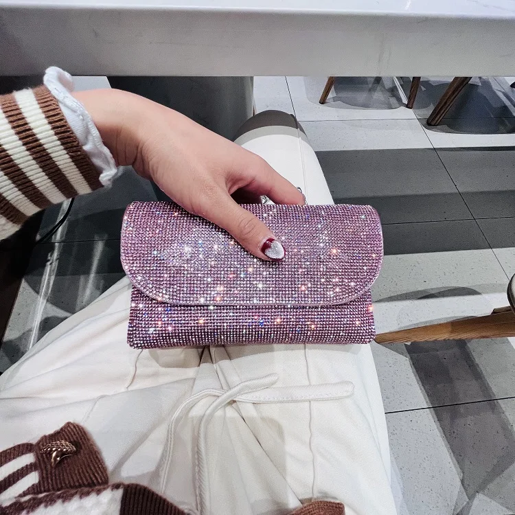 Women's Clutch Bag with Rhinestones Silver Purse on Chain PU Leather Evening Bag Ladies Fashion Party Evening Shoulder Bag