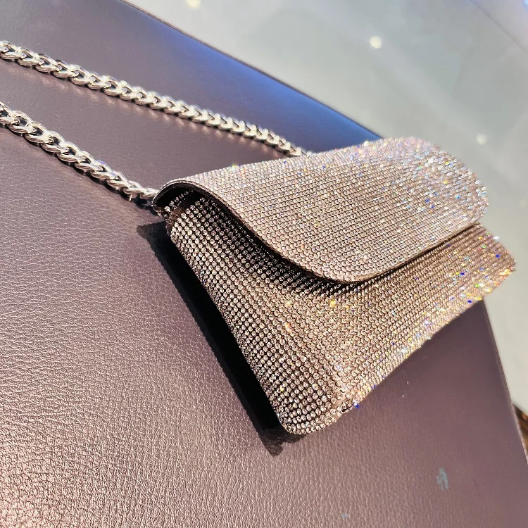 Women's Clutch Bag with Rhinestones Silver Purse on Chain PU Leather Evening Bag Ladies Fashion Party Evening Shoulder Bag