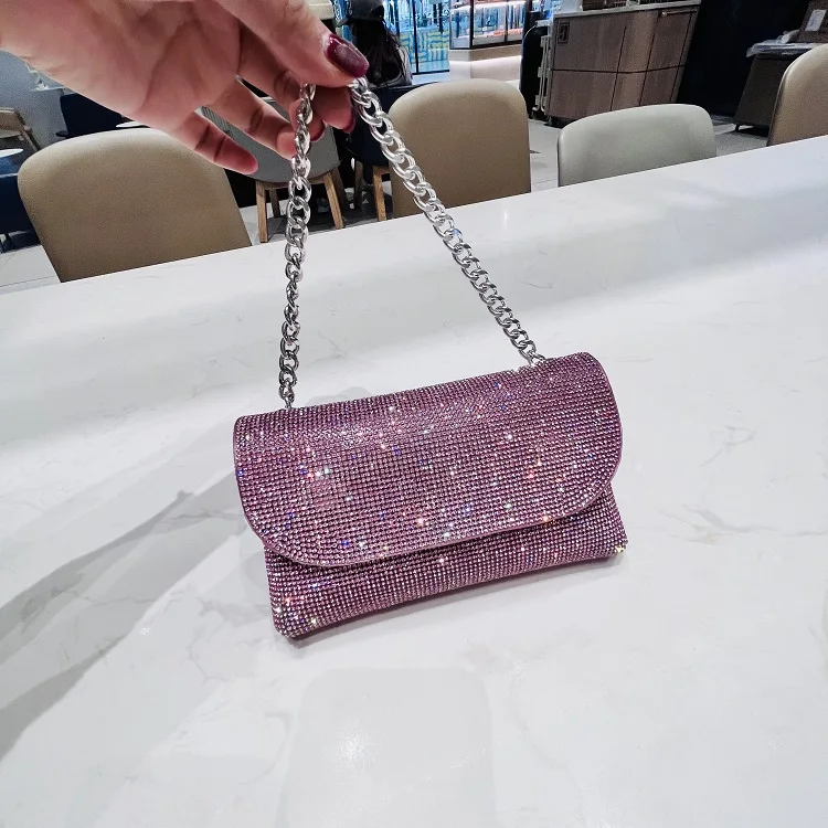 Women's Clutch Bag with Rhinestones Silver Purse on Chain PU Leather Evening Bag Ladies Fashion Party Evening Shoulder Bag