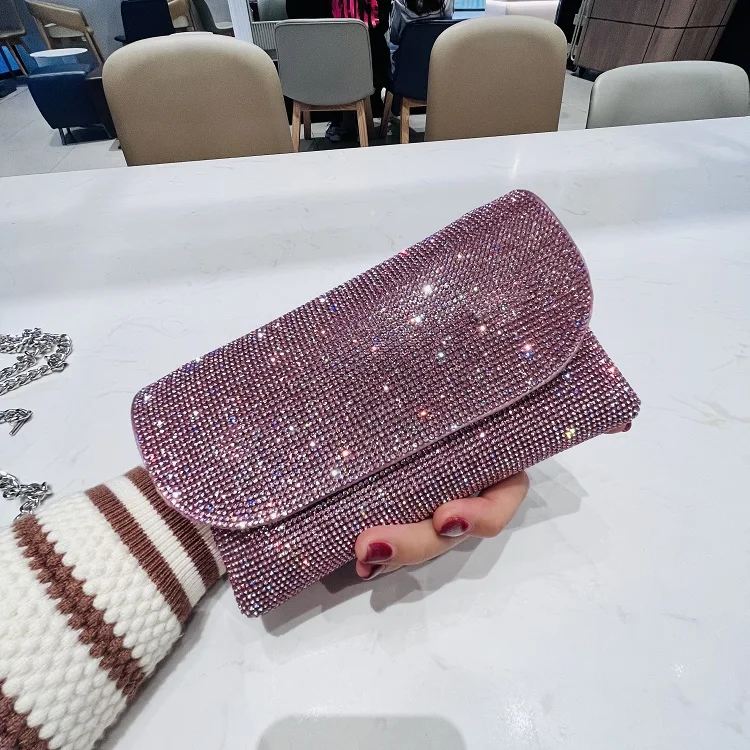Women's Clutch Bag with Rhinestones Silver Purse on Chain PU Leather Evening Bag Ladies Fashion Party Evening Shoulder Bag