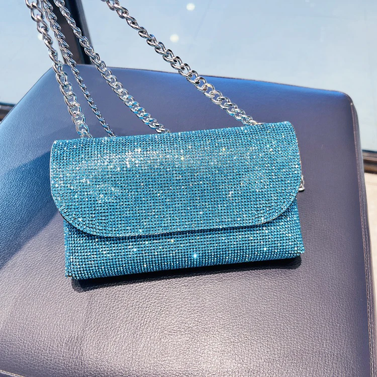 Women's Clutch Bag with Rhinestones Silver Purse on Chain PU Leather Evening Bag Ladies Fashion Party Evening Shoulder Bag