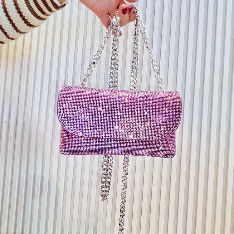 Women's Clutch Bag with Rhinestones Silver Purse on Chain PU Leather Evening Bag Ladies Fashion Party Evening Shoulder Bag