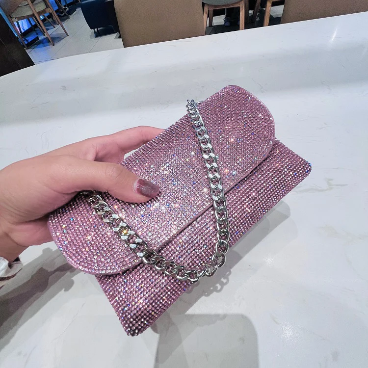 Women's Clutch Bag with Rhinestones Silver Purse on Chain PU Leather Evening Bag Ladies Fashion Party Evening Shoulder Bag