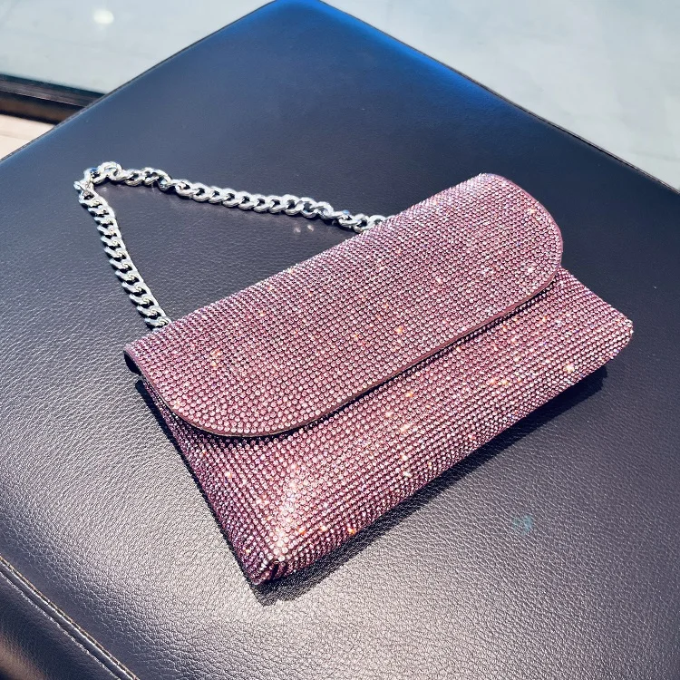 Women's Clutch Bag with Rhinestones Silver Purse on Chain PU Leather Evening Bag Ladies Fashion Party Evening Shoulder Bag