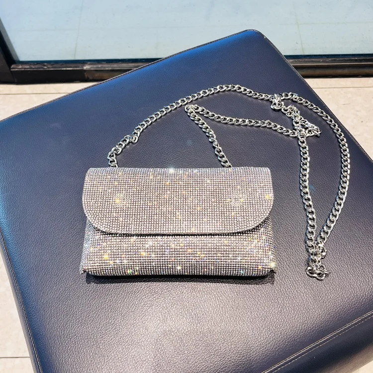 Women's Clutch Bag with Rhinestones Silver Purse on Chain PU Leather Evening Bag Ladies Fashion Party Evening Shoulder Bag