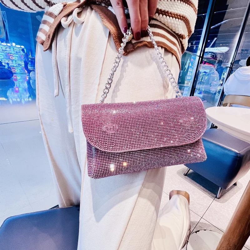 Women's Clutch Bag with Rhinestones Silver Purse on Chain PU Leather Evening Bag Ladies Fashion Party Evening Shoulder Bag