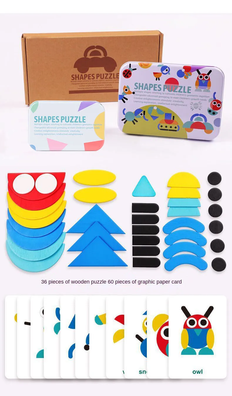 Geometric Shapes Wood 3D Puzzles for Kids Tangram Jigsaw Montessori Games Children Wooden Educational Toys with Box