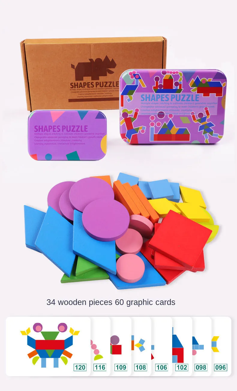 Geometric Shapes Wood 3D Puzzles for Kids Tangram Jigsaw Montessori Games Children Wooden Educational Toys with Box