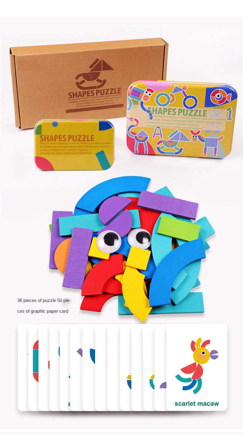 Geometric Shapes Wood 3D Puzzles for Kids Tangram Jigsaw Montessori Games Children Wooden Educational Toys with Box